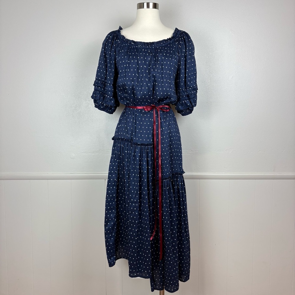 Apiece Apart Sandrine Midi Dress Size 10 Polka Dot Blue Tiered Silk Linen‎ Blend